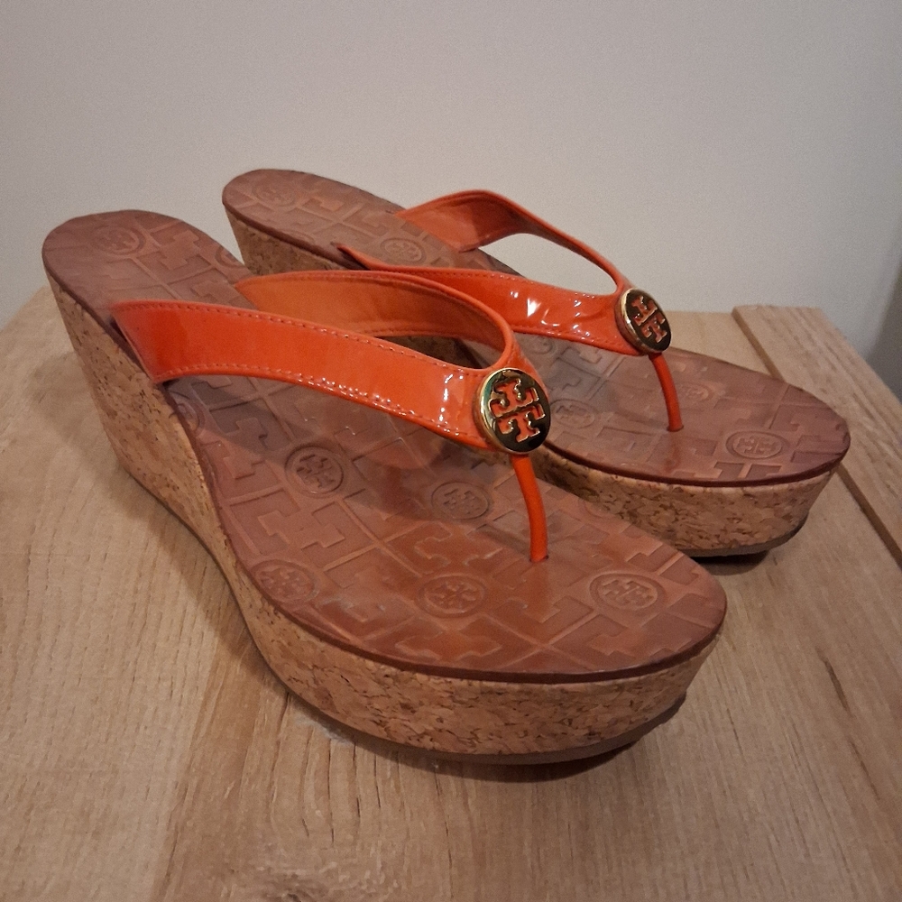 Tory Burch Orange Logo Cork Wedge Sandals Size 8